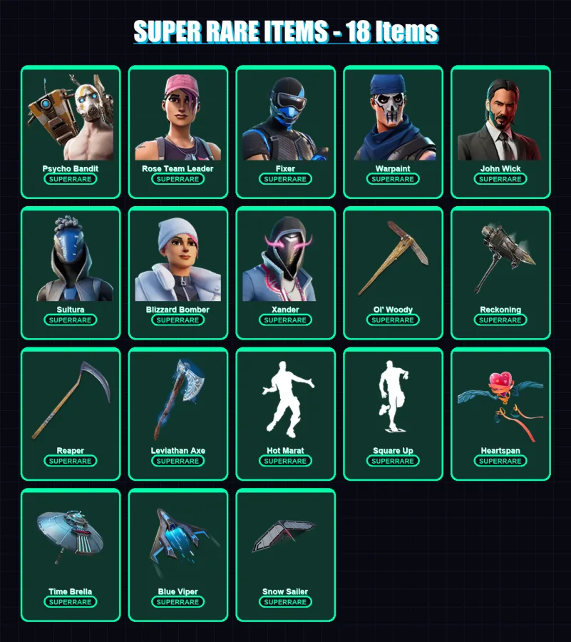 [PC] | Psycho Bandit | Rose Team Leader | Fixer | Warpaint | John Wick | 567 skin | 522 pickaxe | 528 emote | 293 glider | Lv4383