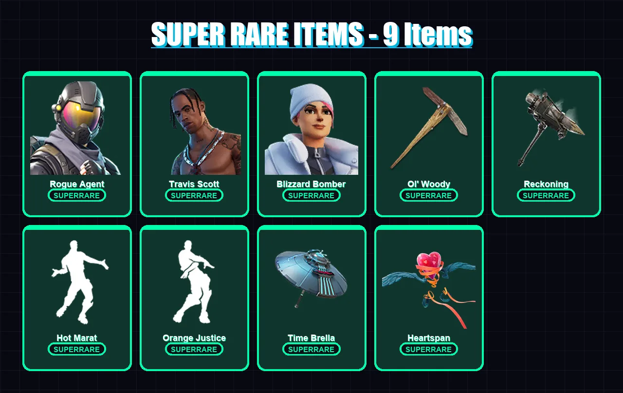 [PC] | Rogue Agent | Travis Scott | Blizzard Bomber | Ultima Knight | Deadpool | 105 skin | 129 pickaxe | 95 emote | 121 glider | Lv1833