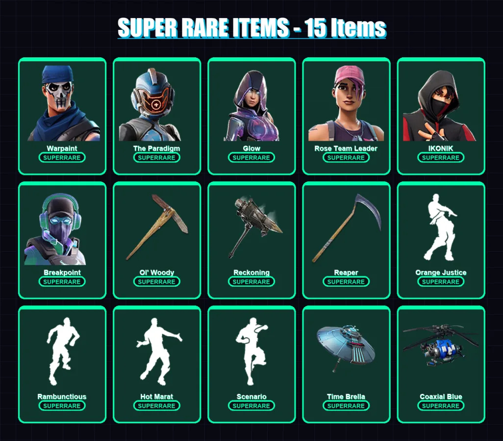 [PS4/PS5/PC] | Warpaint | The Paradigm | Glow | Rose Team Leader | IKONIK | 201 skin | 175 pickaxe | 168 emote | 126 glider | Lv1917
