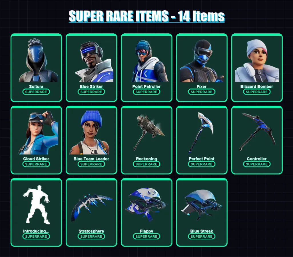 [PS4/PS5/XBOX/PC] | Sultura | Blue Striker | Point Patroller | Fixer | Blizzard Bomber | 32 skin | 48 pickaxe | 44 emote | 54 glider | Lv660
