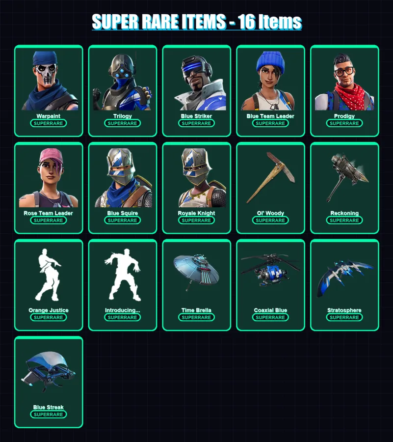 [PS4/PS5/XBOX/PC] | Warpaint | Trilogy | Blue Striker | Blue Team Leader | Prodigy | 117 skin | 121 pickaxe | 118 emote | 132 glider | Lv2132