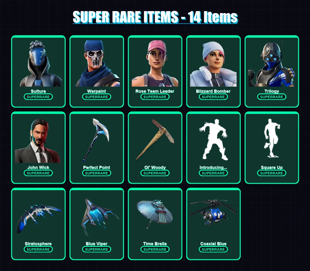 [PS4/PS5/XBOX/PC] | Sultura | Warpaint | Rose Team Leader | Blizzard Bomber | Trilogy | 84 skin | 84 pickaxe | 58 emote | 80 glider | Lv998