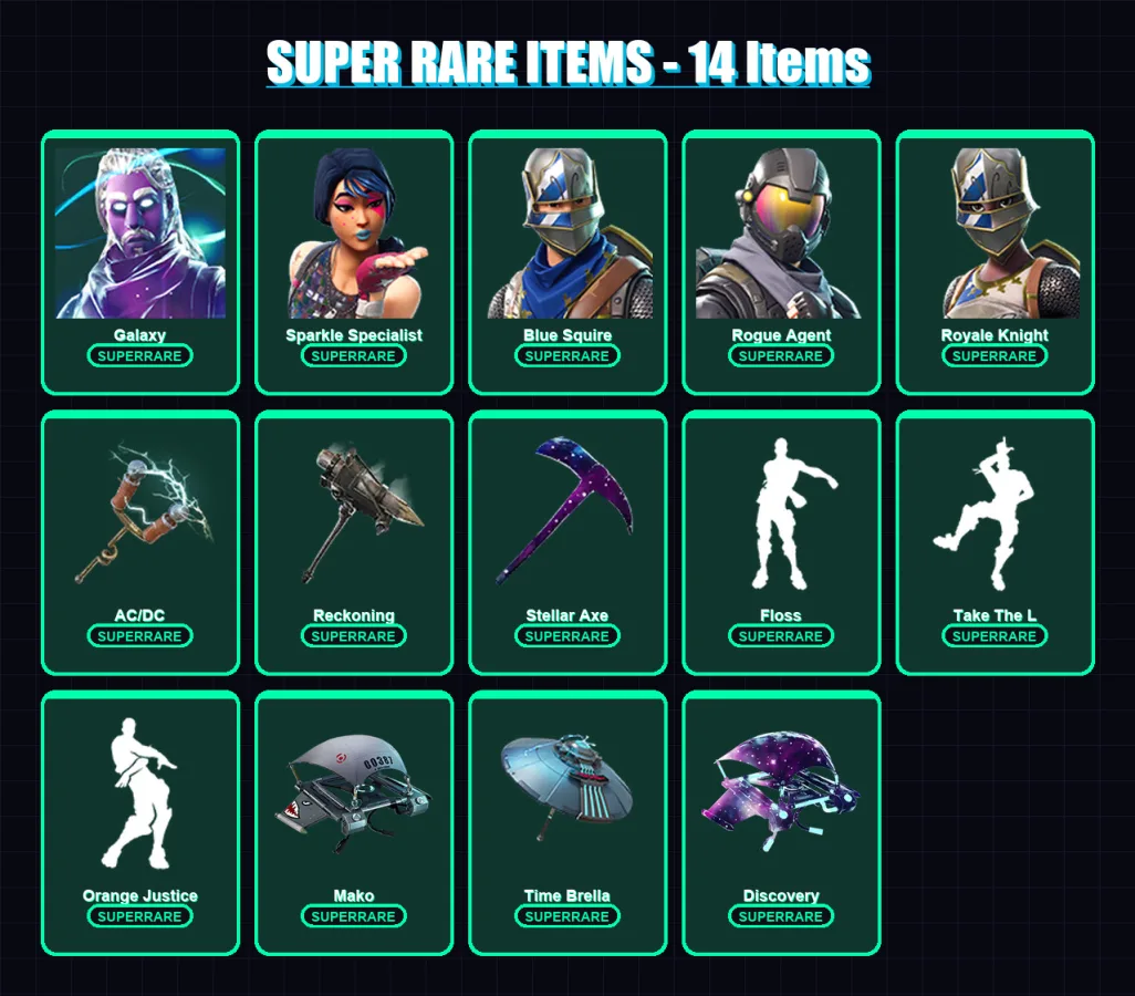[PC/XBOX] | Galaxy | Sparkle Specialist | Blue Squire | Rogue Agent | Royale Knight | 38 skin | 43 pickaxe | 34 emote | 37 glider | Lv606