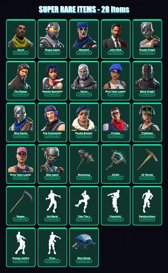 [PC/PSN] | Scout | Rogue Agent | Warpaint | John Wick | Royale Knight | 169 skin | 99 pickaxe | 83 emote | 69 glider | Lv755
