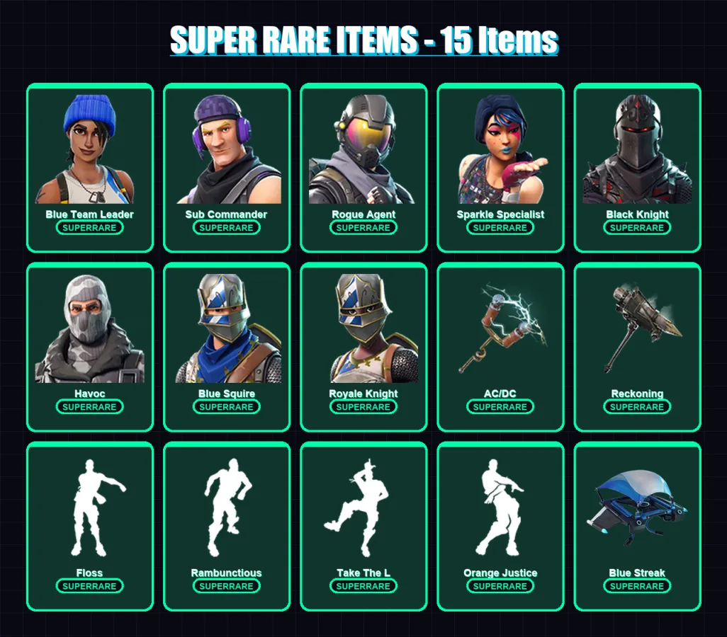 [PC/XBOX] | Blue Team Leader | Sub Commander | Rogue Agent | Sparkle Specialist | Black Knight | 36 skin | 25 pickaxe | 48 emote | 28 glider | Lv443
