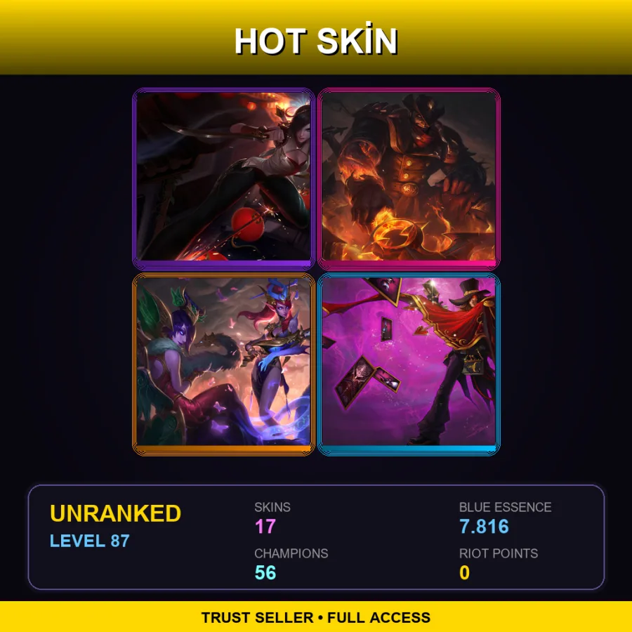 EUNE | Lv87 | Unranked | 17 Skin | 56 Champ — The Magnificent Twisted Fate