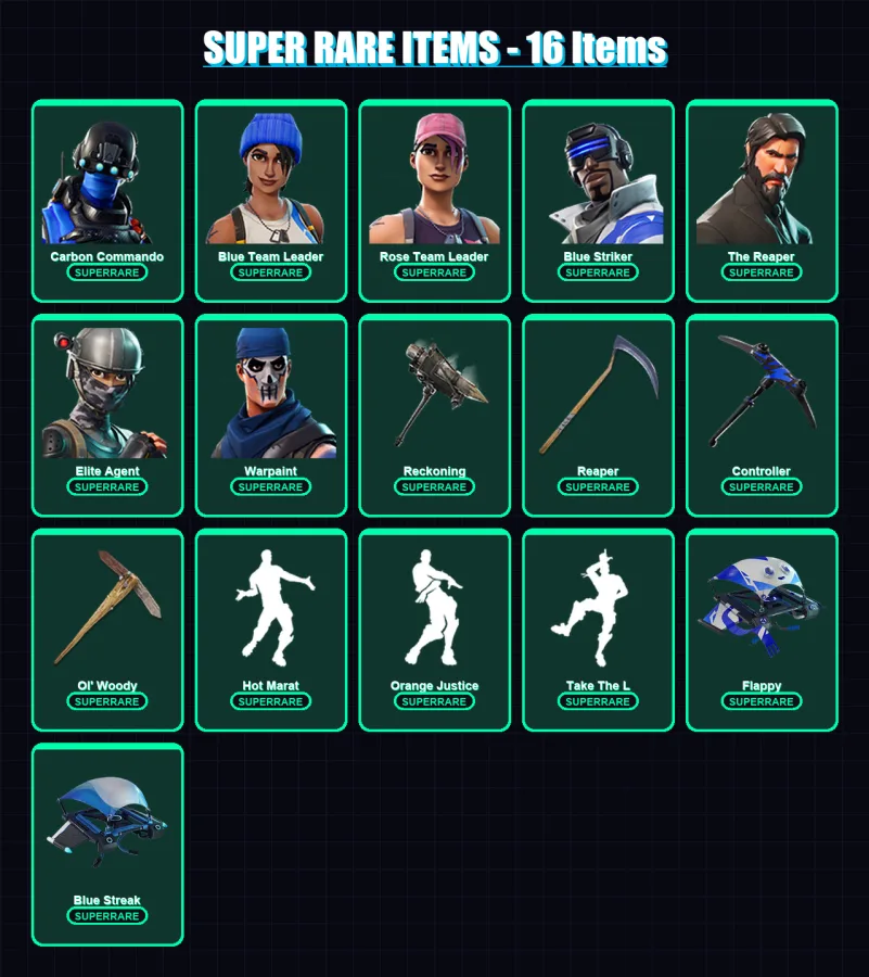 [PS4/PS5/PC] | Carbon Commando | Blue Team Leader | Rose Team Leader | Blue Striker | The Reaper | 77 skin | 52 pickaxe | 76 emote | 65 glider | Lv8