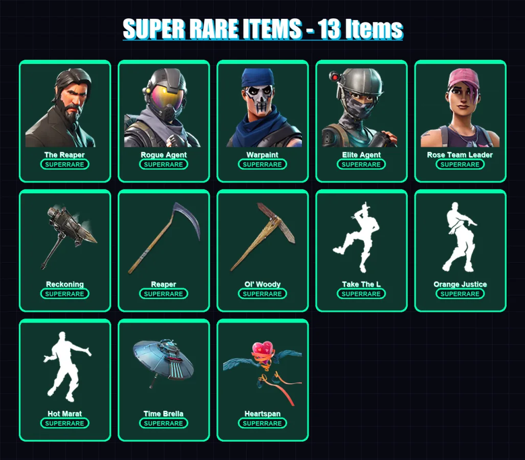 [PC/XBOX/PSN] | The Reaper | Rogue Agent | Warpaint | Elite Agent | Rose Team Leader | 109 skin | 115 pickaxe | 124 emote | 106 glider | Lv1717