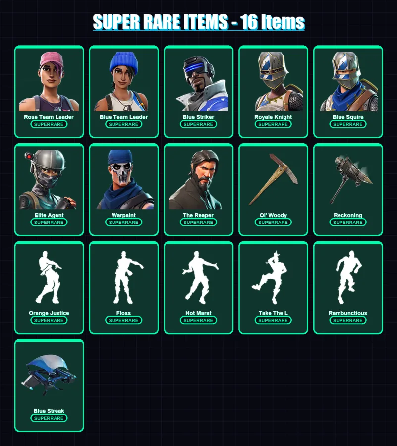 [PC/XBOX/PSN] | Rose Team Leader | Blue Team Leader | Blue Striker | Royale Knight | Blue Squire | 45 skin | 28 pickaxe | 44 emote | 35 glider | Lv4