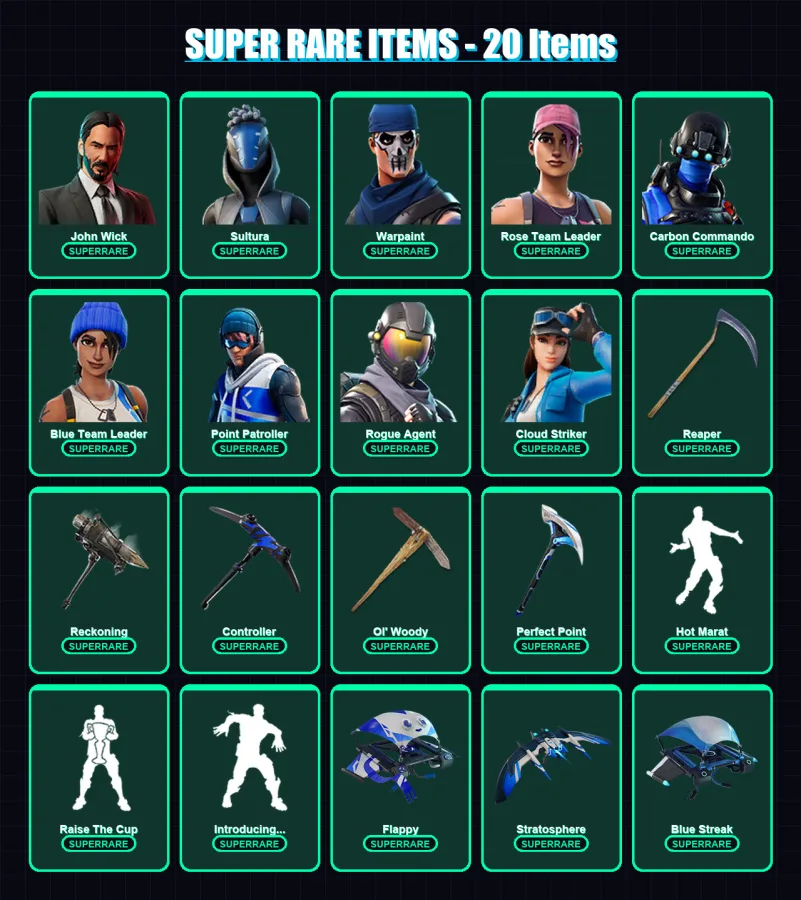 [PC/XBOX] | John Wick | Sultura | Warpaint | Rose Team Leader | Carbon Commando | 122 skin | 105 pickaxe | 107 emote | 96 glider | Lv1394 — Fortnite account