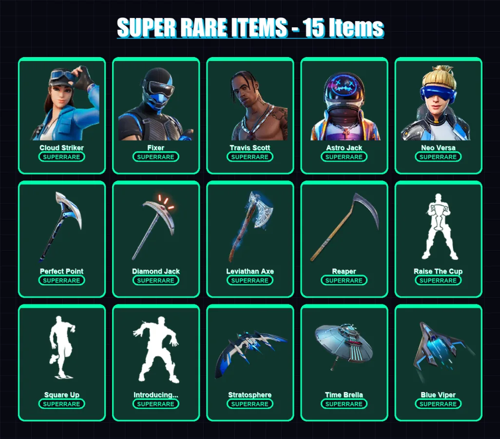 [PC/XBOX] | Cloud Striker | Fixer | Travis Scott | Astro Jack | Neo Versa | 198 skin | 190 pickaxe | 137 emote | 157 glider | Lv2893