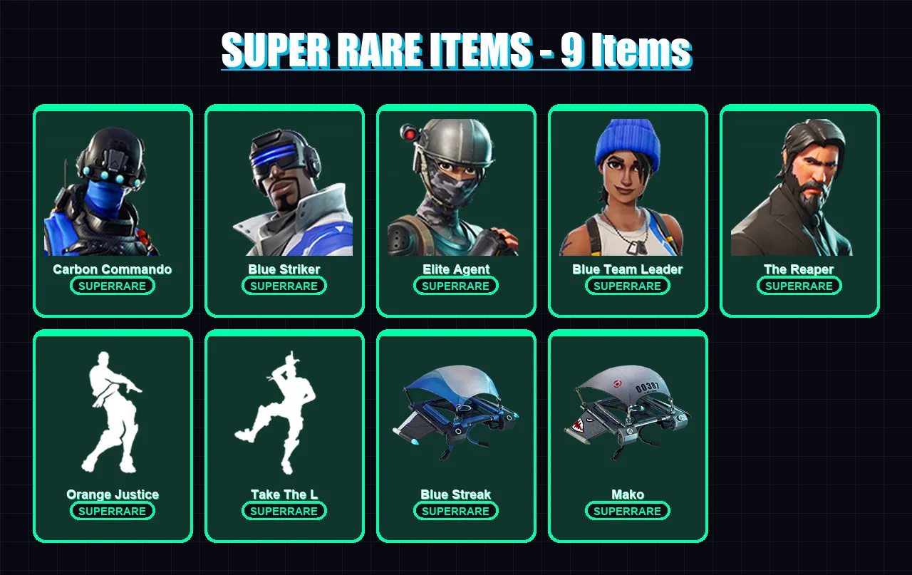 [PS4/PS5/XBOX/PC] | Carbon Commando | Blue Striker | Elite Agent | Blue Team Leader | The Reaper | 15 skin | 18 pickaxe | 35 emote | 36 glider | Lv5