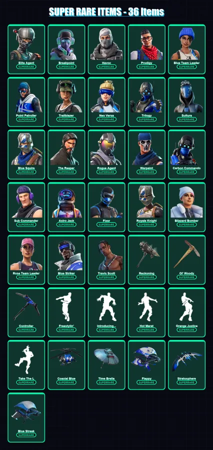[PS4/PS5/PC] | Elite Agent | Breakpoint | Havoc | Prodigy | Blue Team Leader | 128 skin | 105 pickaxe | 139 emote | 109 glider | Lv1289