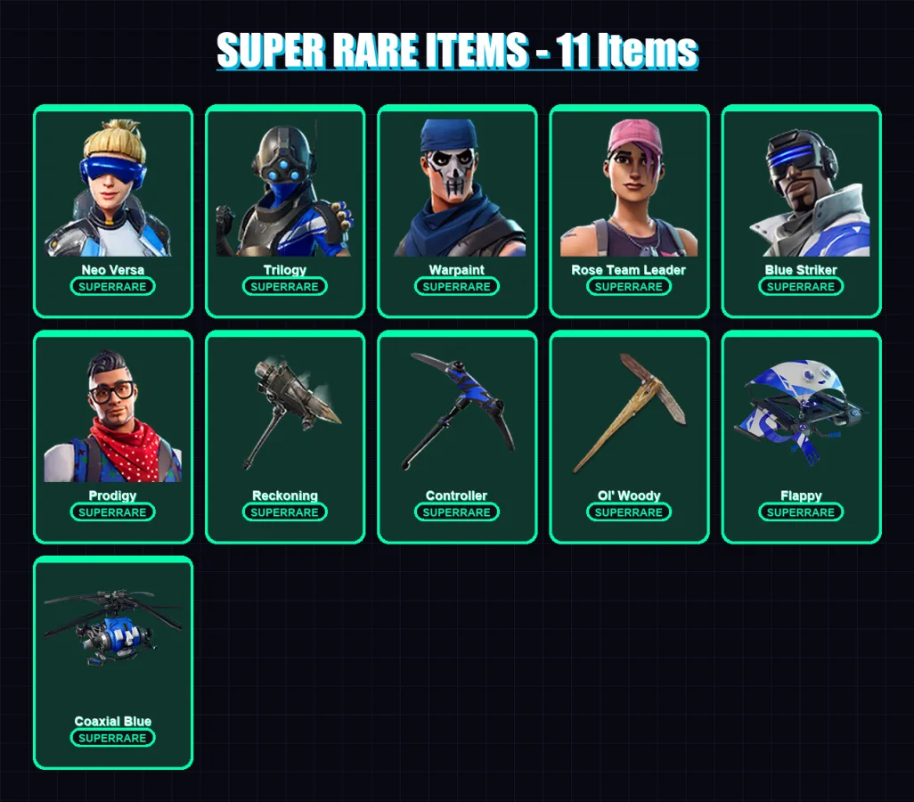 [PS4/PS5/XBOX/PC] | Neo Versa | Trilogy | Warpaint | Rose Team Leader | Blue Striker | 48 skin | 34 pickaxe | 32 emote | 34 glider | Lv334