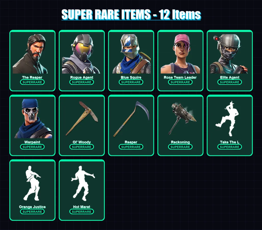 [PC/XBOX/PSN] | The Reaper | Rogue Agent | Blue Squire | Rose Team Leader | Elite Agent | 108 skin | 76 pickaxe | 110 emote | 77 glider | Lv1219
