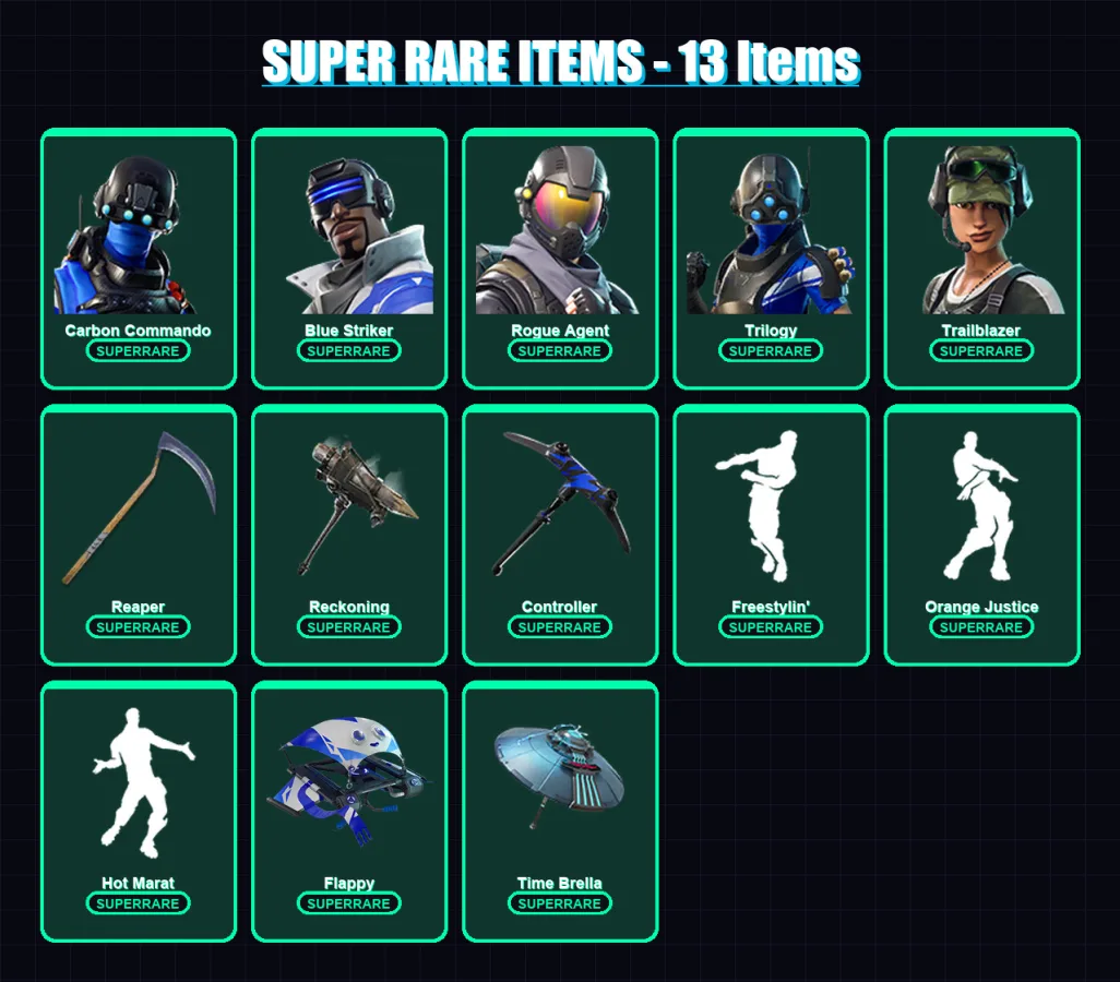 [PS4/PS5/XBOX/PC] | Carbon Commando | Blue Striker | Rogue Agent | Trilogy | Trailblazer | 121 skin | 170 pickaxe | 139 emote | 160 glider | Lv2294