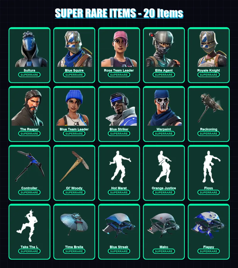[PS4/PS5/XBOX/PC] | Sultura | Blue Squire | Rose Team Leader | Elite Agent | Royale Knight | 44 skin | 55 pickaxe | 60 emote | 64 glider | Lv999