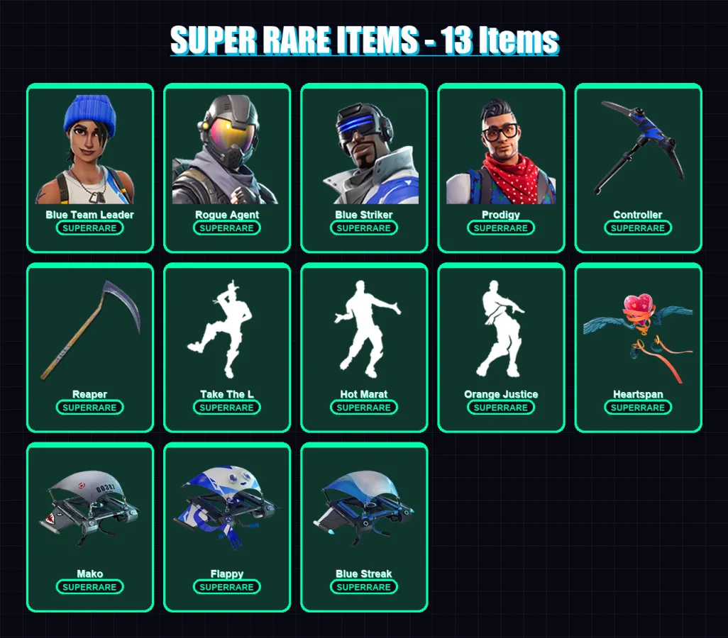 [PC/XBOX/PSN] | Blue Team Leader | Rogue Agent | Blue Striker | Prodigy | Rox | 37 skin | 48 pickaxe | 48 emote | 45 glider | Lv640