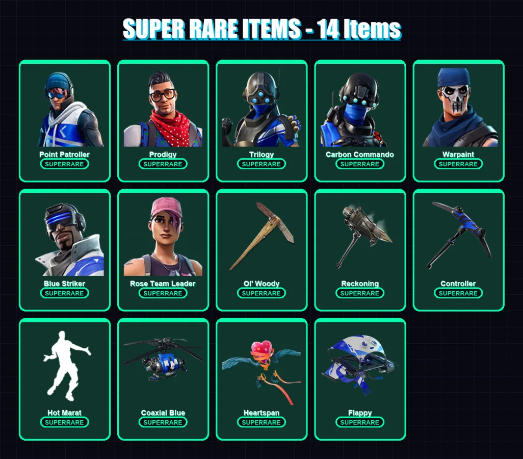 [PC/XBOX] | Point Patroller | Prodigy | Trilogy | Carbon Commando | Warpaint | 53 skin | 41 pickaxe | 59 emote | 37 glider | Lv414