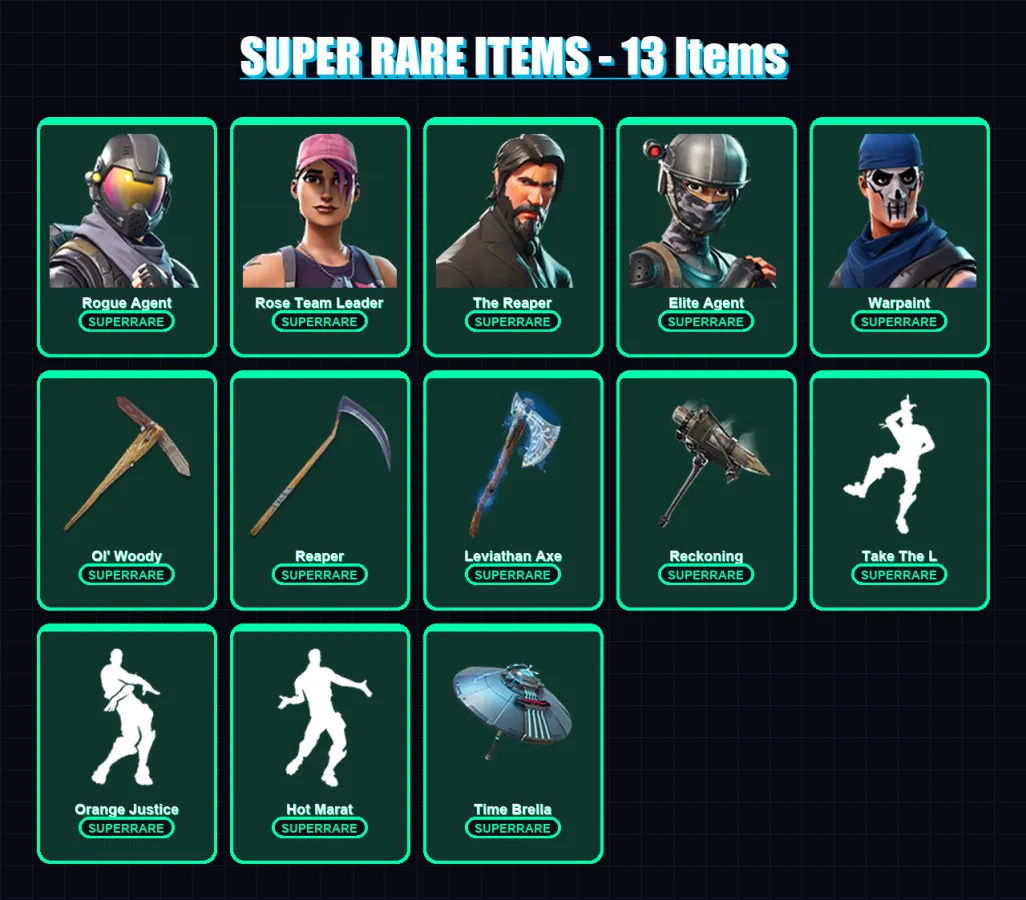 [PC] | Rogue Agent | Rose Team Leader | The Reaper | Elite Agent | Warpaint | 107 skin | 136 pickaxe | 105 emote | 104 glider | Lv1695