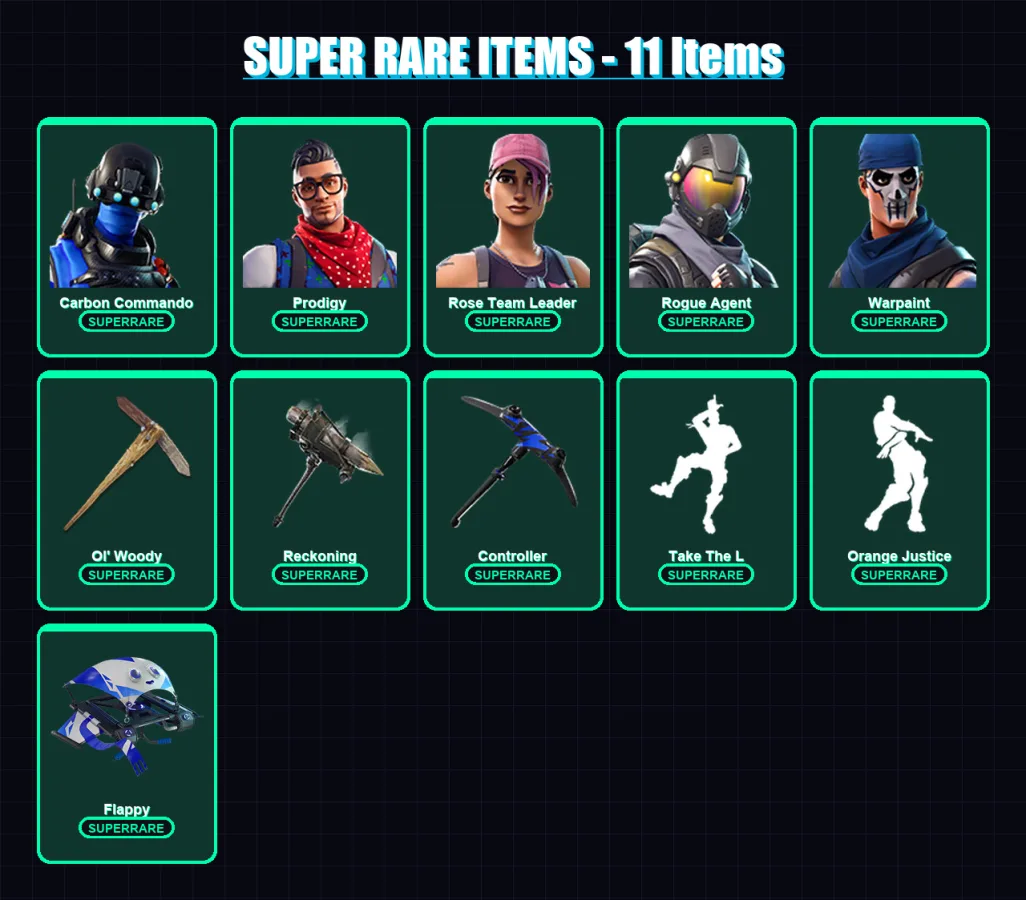 [PS4/PS5/XBOX/PC] | Carbon Commando | Prodigy | Rose Team Leader | Rogue Agent | Warpaint | 90 skin | 88 pickaxe | 80 emote | 93 glider | Lv1162