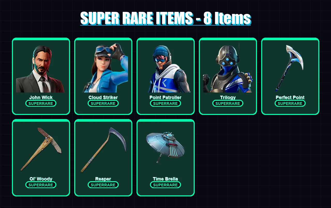 [PC/XBOX/PSN] | John Wick | Cloud Striker | Point Patroller | Trilogy | Frozen Raven | 202 skin | 175 pickaxe | 101 emote | 126 glider | Lv1479