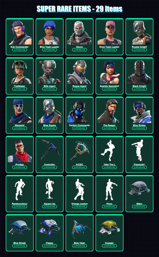[PS4/PS5/XBOX/PC] | Sub Commander | Blue Team Leader | Havoc | Rose Team Leader | Royale Knight | 42 skin | 24 pickaxe | 35 emote | 32 glider | Lv31