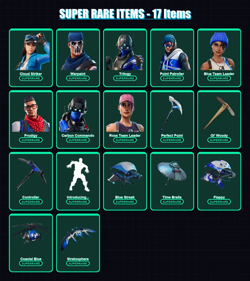 [PC] | Cloud Striker | Warpaint | Trilogy | Point Patroller | Blue Team Leader | 221 skin | 251 pickaxe | 200 emote | 226 glider | Lv3112 — Fortnite account
