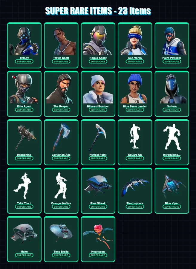 [PS4/PS5/PC] | Trilogy | Travis Scott | Rogue Agent | Neo Versa | Point Patroller | 185 skin | 152 pickaxe | 115 emote | 132 glider | Lv2012