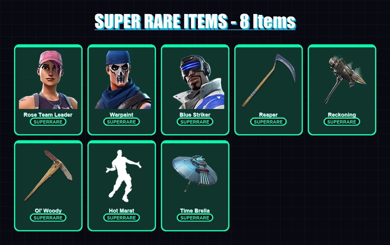 [PC/XBOX] | Rose Team Leader | Warpaint | Blue Striker | Dire | The Ageless | 73 skin | 83 pickaxe | 117 emote | 70 glider | Lv1001 — Fortnite account