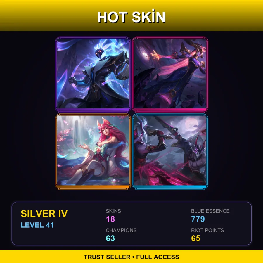 TR | Pulsefire Thresh | Dark Cosmic Lissandra | Spirit Blossom Ahri | Blood Moon Master Yi | 18 Skin | 63 Champ | Silver IV | Lv41