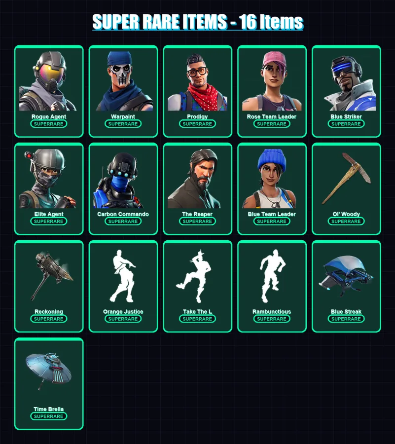[PS4/PS5/XBOX/PC] | Rogue Agent | Warpaint | Prodigy | Rose Team Leader | Blue Striker | 56 skin | 57 pickaxe | 50 emote | 67 glider | Lv874