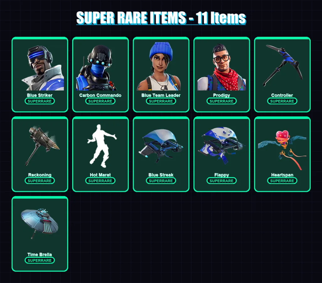 [PS4/PS5/PC] | Blue Striker | Carbon Commando | Blue Team Leader | Prodigy | Dire | 126 skin | 122 pickaxe | 113 emote | 110 glider | Lv1427