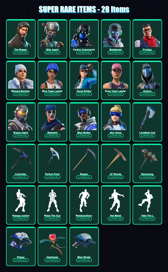 [PS4/PS5/XBOX/PC] | The Reaper | Elite Agent | Carbon Commando | Breakpoint | Prodigy | 275 skin | 235 pickaxe | 244 emote | 189 glider | Lv3872