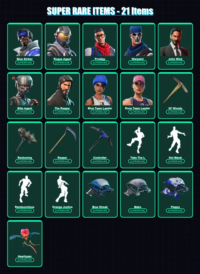 [PS4/PS5/XBOX/PC] | Blue Striker | Rogue Agent | Prodigy | Warpaint | John Wick | 54 skin | 37 pickaxe | 49 emote | 44 glider | Lv646