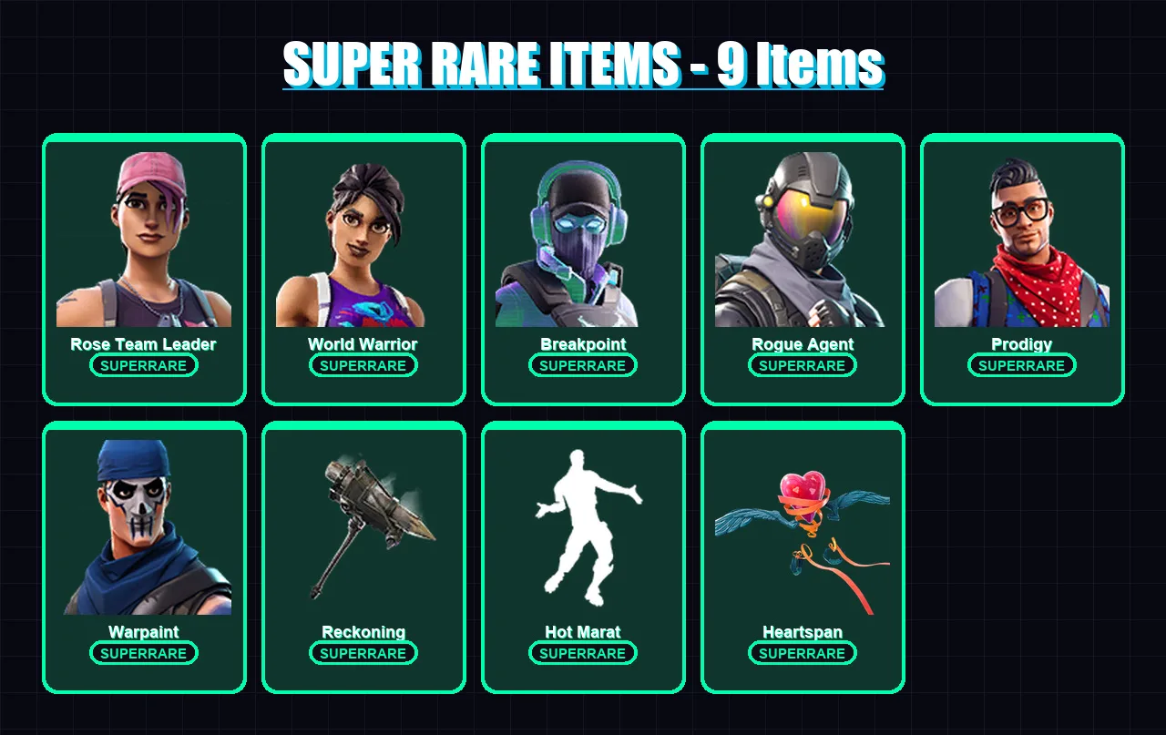 [PC/XBOX/PSN] | Rose Team Leader | World Warrior | Breakpoint | Rogue Agent | Prodigy | 88 skin | 54 pickaxe | 88 emote | 65 glider | Lv647