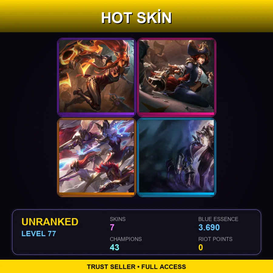 LAS | Lv77 | Unranked | 7 Skin | 43 Champ — LoL account