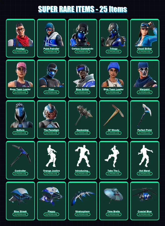 [PS4/PS5/XBOX/PC] | Prodigy | Point Patroller | Carbon Commando | Trilogy | Cloud Striker | 261 skin | 267 pickaxe | 190 emote | 152 glider | Lv1564
