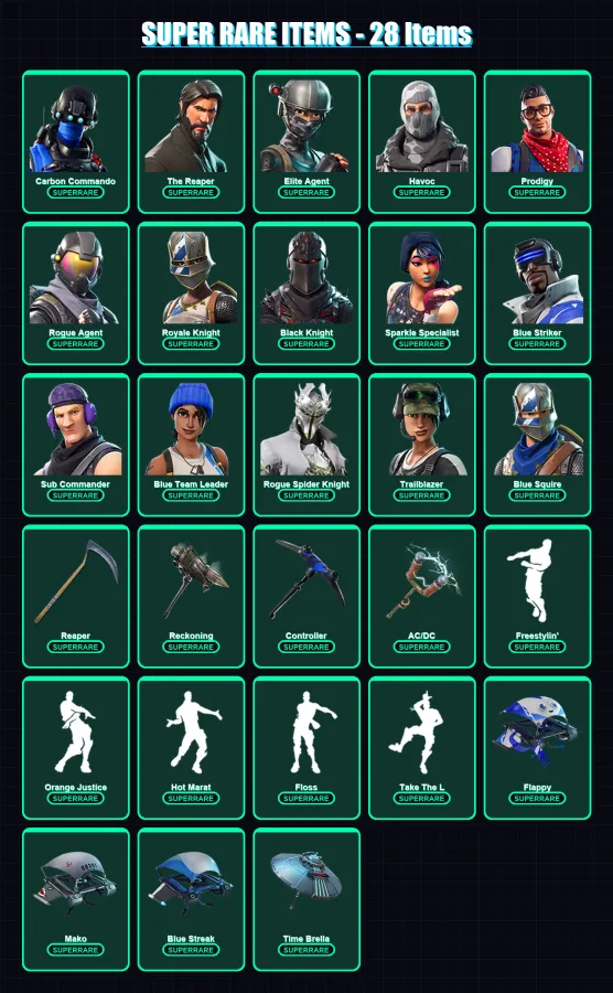 [PC] | Carbon Commando | The Reaper | Elite Agent | Havoc | Prodigy | 122 skin | 93 pickaxe | 97 emote | 102 glider | Lv1344