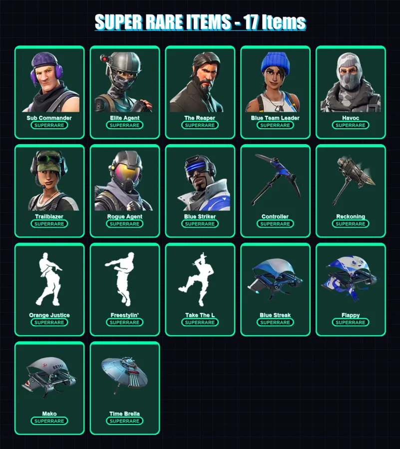 [PC/XBOX/PSN] | Sub Commander | Elite Agent | The Reaper | Blue Team Leader | Havoc | 44 skin | 38 pickaxe | 37 emote | 46 glider | Lv586