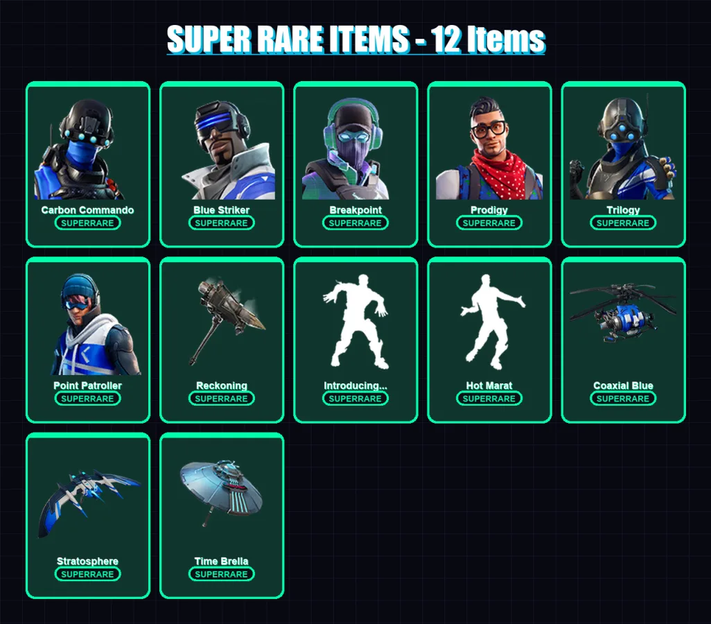 [PS4/PS5/XBOX/PC] | Carbon Commando | Blue Striker | Breakpoint | Prodigy | Trilogy | 63 skin | 50 pickaxe | 66 emote | 62 glider | Lv794