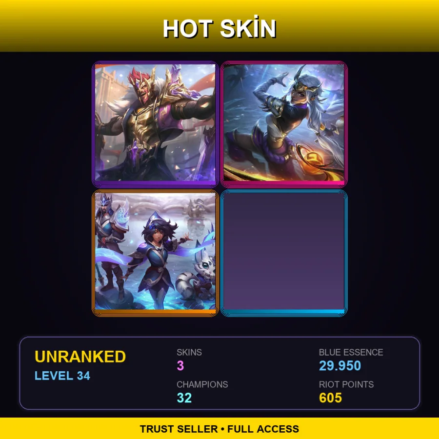 EUW | Lv34 | Unranked | 3 Skin | 32 Champ — LoL account