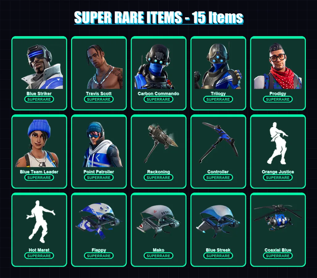 [PS4/PS5/PC] | Blue Striker | Travis Scott | Carbon Commando | Trilogy | Prodigy | 55 skin | 60 pickaxe | 66 emote | 71 glider | Lv888