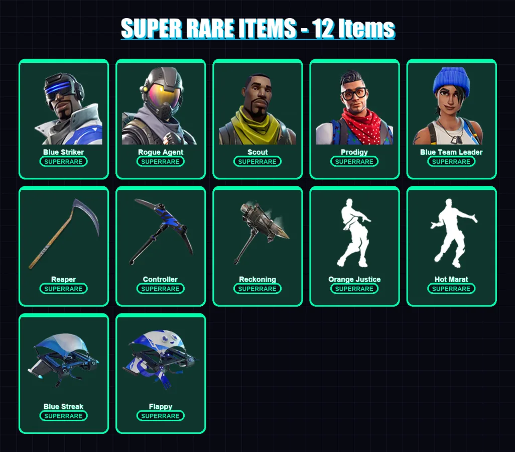 [PC/XBOX/PSN] | Blue Striker | Rogue Agent | Scout | Prodigy | Blue Team Leader | 87 skin | 52 pickaxe | 68 emote | 65 glider | Lv987