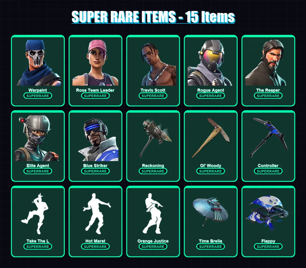 [PS4/PS5/XBOX/PC] | Warpaint | Rose Team Leader | Travis Scott | Rogue Agent | The Reaper | 87 skin | 84 pickaxe | 80 emote | 86 glider | Lv1250