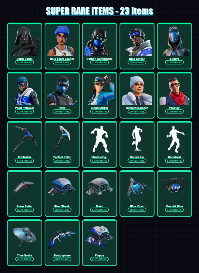 [PS4/PS5/XBOX/PC] | Darth Vader | Blue Team Leader | Carbon Commando | Blue Striker | Sultura | 70 skin | 76 pickaxe | 69 emote | 90 glider | Lv1119