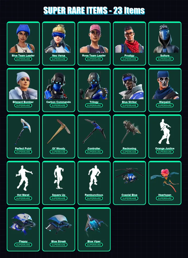 [PS4/PS5/XBOX/PC] | Blue Team Leader | Neo Versa | Rose Team Leader | Prodigy | Sultura | 98 skin | 81 pickaxe | 104 emote | 93 glider | Lv1145