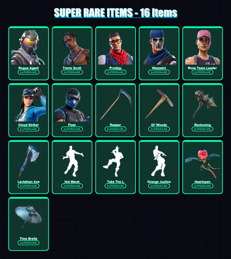 [PC] | Rogue Agent | Travis Scott | Prodigy | Warpaint | Rose Team Leader | 128 skin | 120 pickaxe | 115 emote | 106 glider | Lv1182