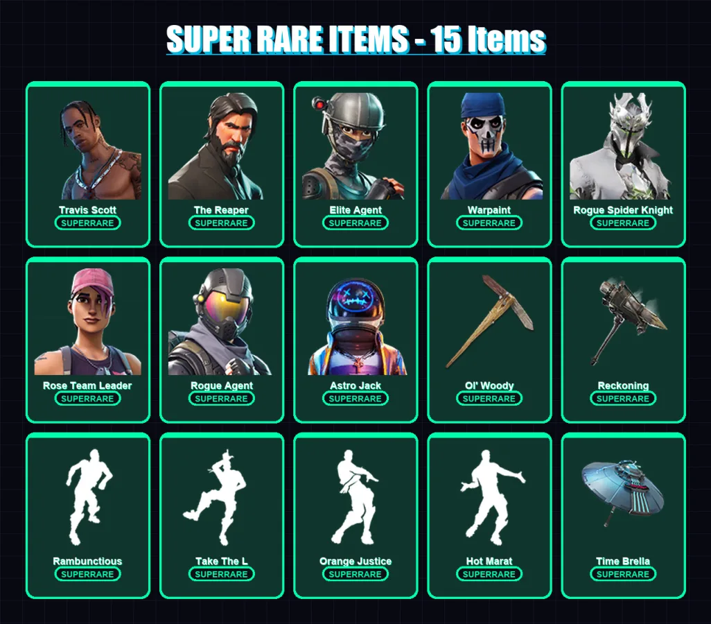 [PC/PSN] | Travis Scott | The Reaper | Elite Agent | Warpaint | Rogue Spider Knight | 109 skin | 84 pickaxe | 139 emote | 79 glider | Lv986