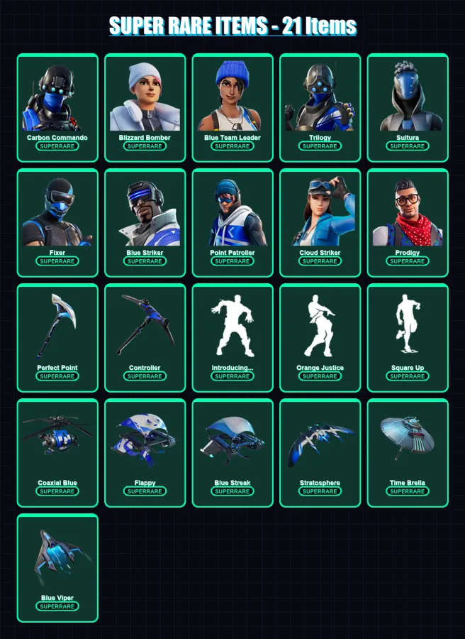 [PS4/PS5/XBOX/PC] | Carbon Commando | Blizzard Bomber | Blue Team Leader | Trilogy | Sultura | 57 skin | 80 pickaxe | 59 emote | 96 glider | Lv1228
